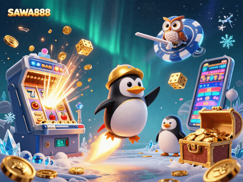 SAWA888 reveals the winning thrill of slots with a 3D rocket penguin blasting through a cosmic jackpot scene.