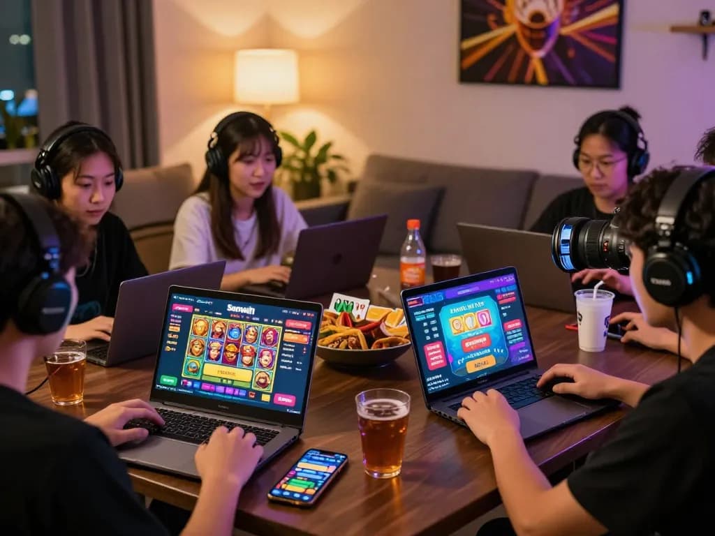 Engaged players enjoying Sunwin's online gaming platform with vibrant game visuals in a cozy gaming setup.