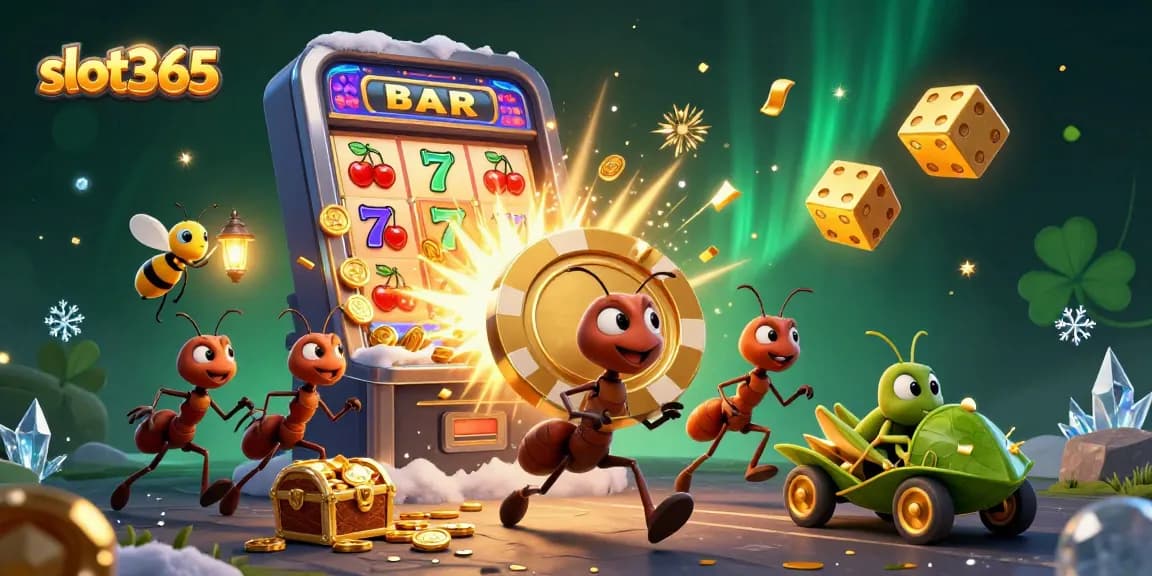 Slot365 ants heist scene featuring a giant poker chip and vibrant casino elements.