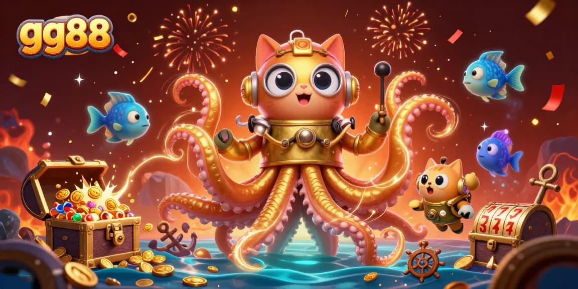 Engage with the vibrant world of gg88, where a colossal kraken and a diving cat explore an ocean of treasures and winning opportunities.