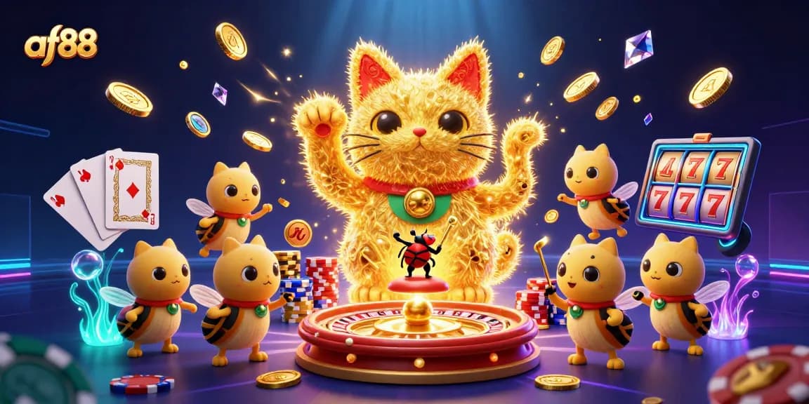 Experience thrilling wins at AF88 with a lucky cat and dazzling casino elements.