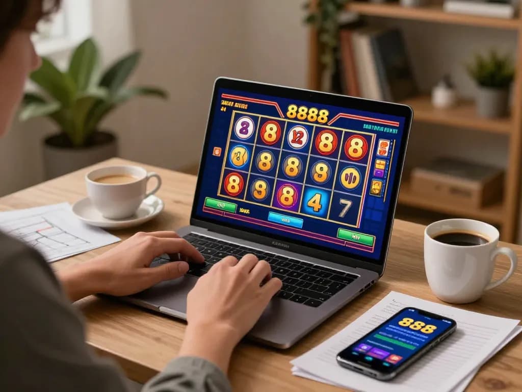 Playing slot88 on a laptop while enjoying a cozy home setup with coffee and strategy notes.
