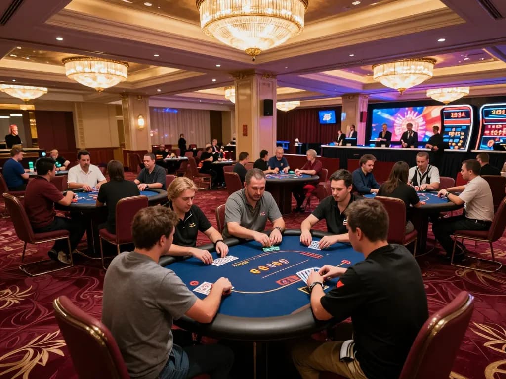 N188 casino players eagerly strategizing bets at a lively poker table amid luxurious decor.