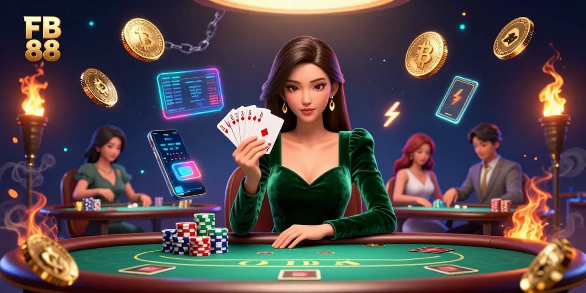 Engage in thrilling action at FB 88 with a focused player at a luxury poker table surrounded by digital assets.
