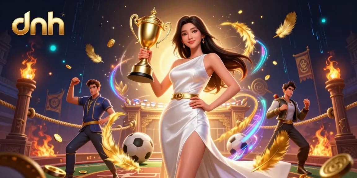 dnh delivers an exciting sports betting scene featuring a confident woman with a trophy and engaging betting elements.