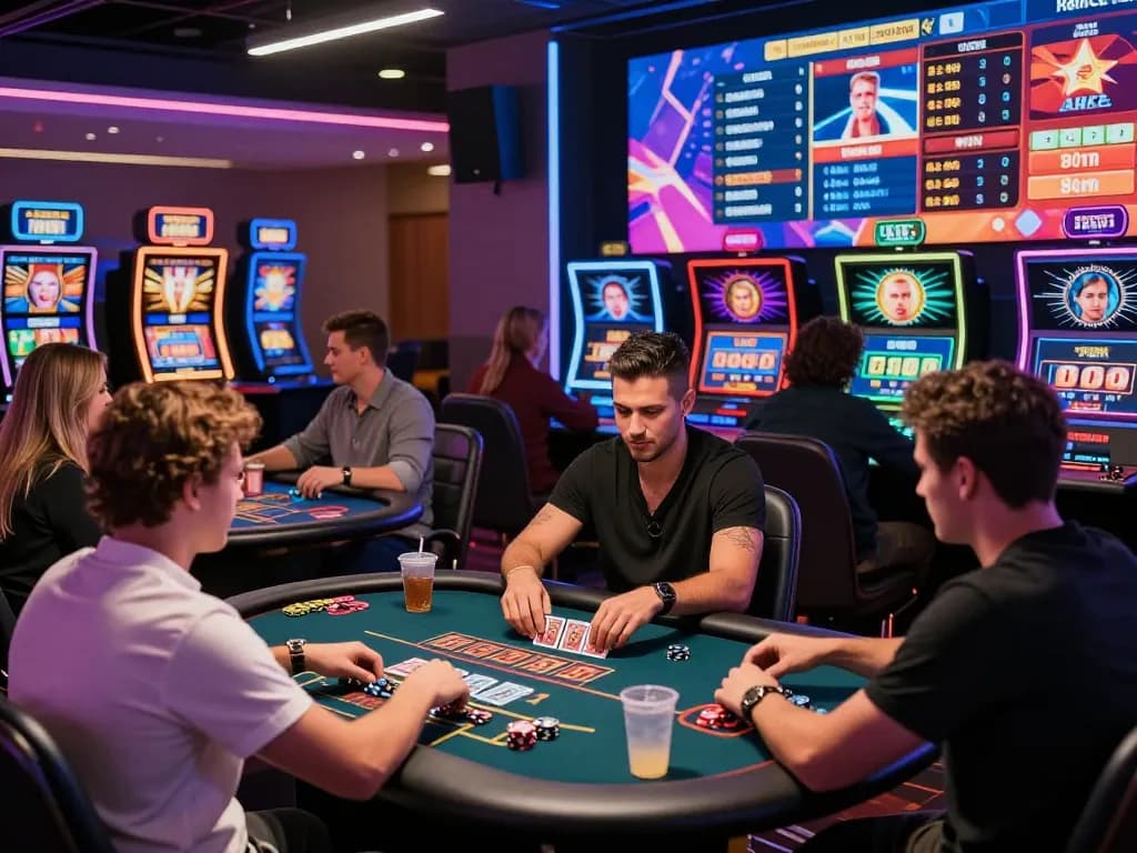 Players enjoying various games at a vibrant online casino showing 99ok's engaging gaming experience.