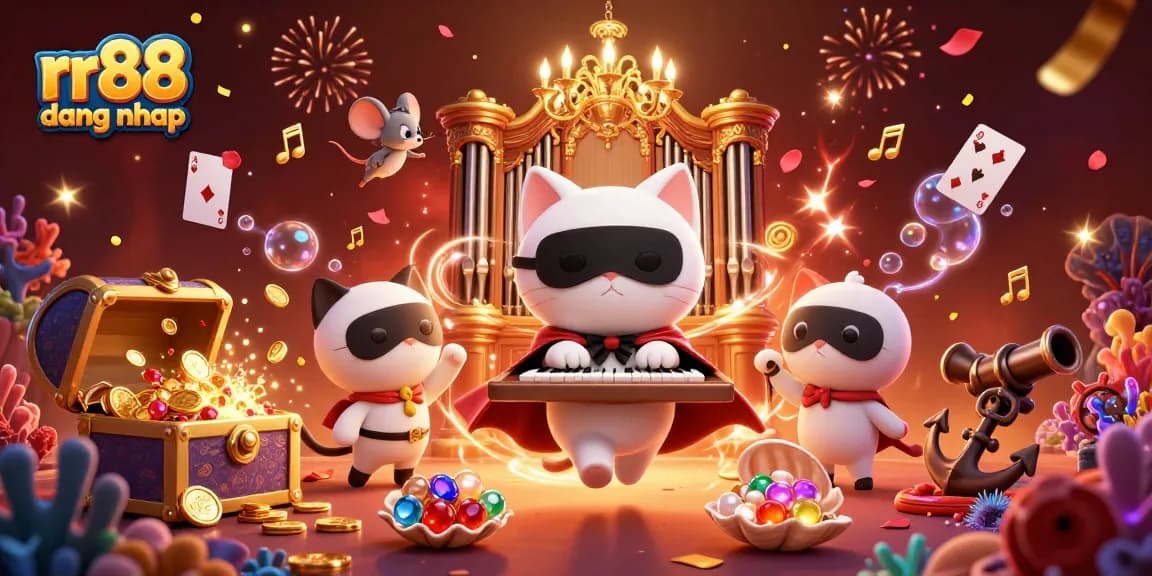 Engage with rr88 dang nhap at a vibrant online casino scene featuring a unique cat character and celebratory elements.