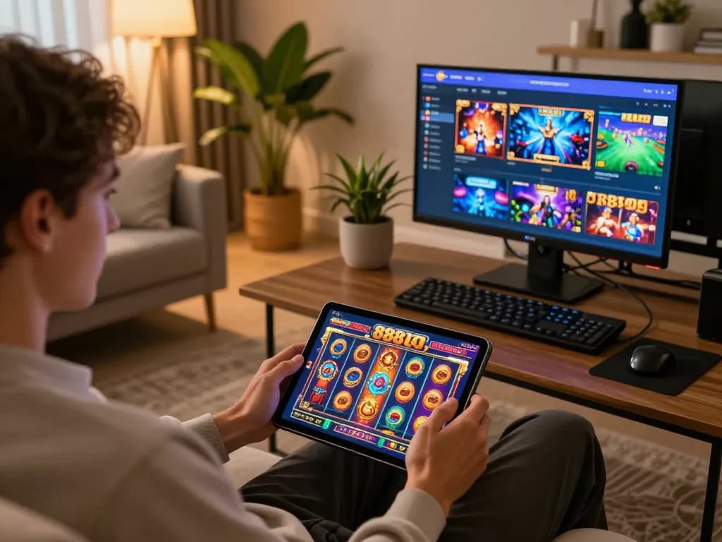 Engaging in thrilling gameplay at 888slot with vibrant slot graphics on a tablet.