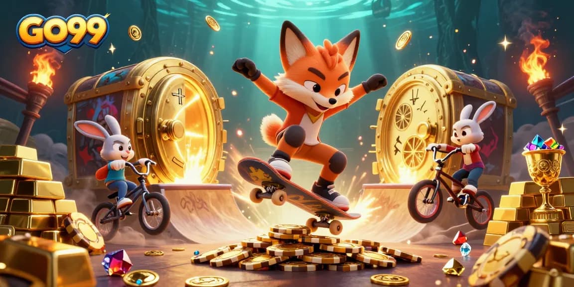 Experience thrilling gameplay at GO99 with a vibrant 3D illustration of fun casino characters.