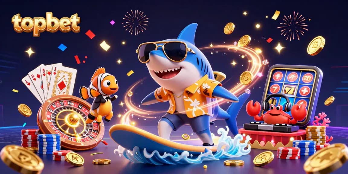 topbet game illustration featuring a hammer-head shark surfing gold coins with sparkling gems and casino elements