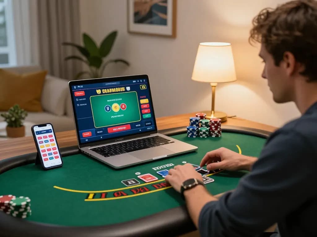 Player engaging in online casino gameplay at xnk88, showcasing a friendly home gambling setup