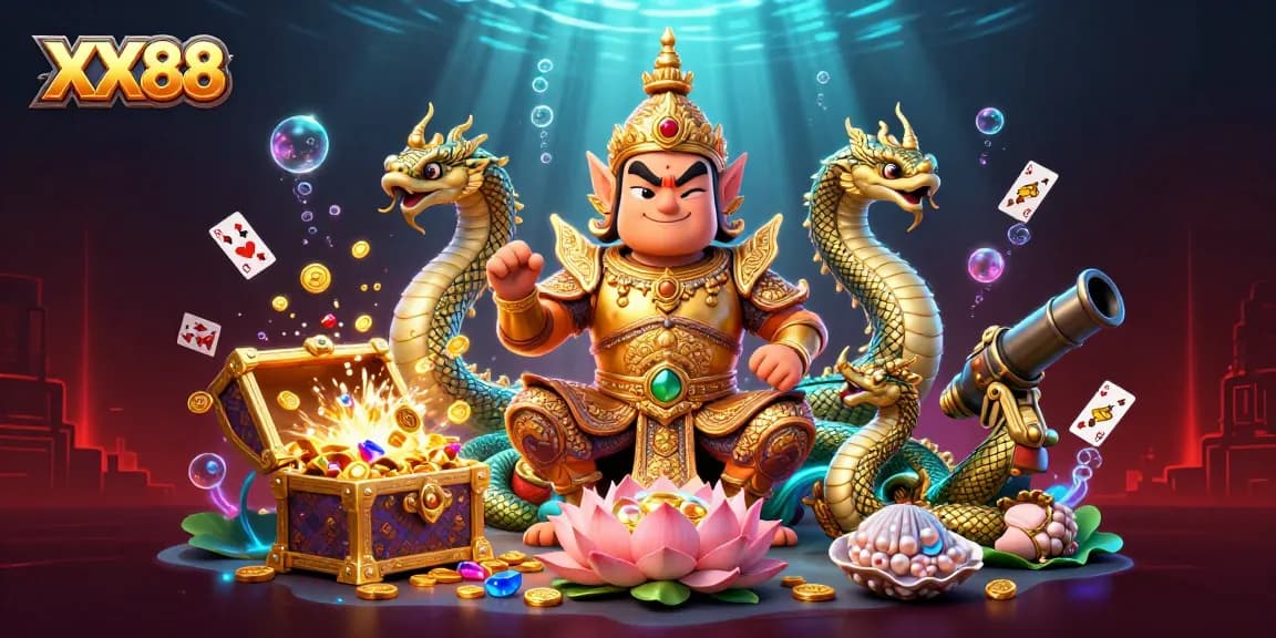Engage in thrilling gameplay with XX88's vibrant undersea casino scene featuring treasure and action.