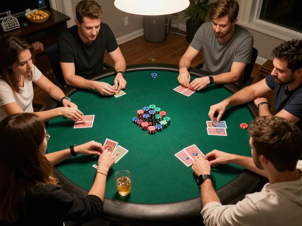 Players enjoy a lively poker night at home showcasing kwin strategy and social interaction