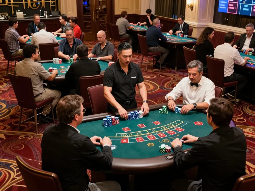 Players engaging in blackjack at mb668 casino, enjoying a vibrant atmosphere with chips stacked high
