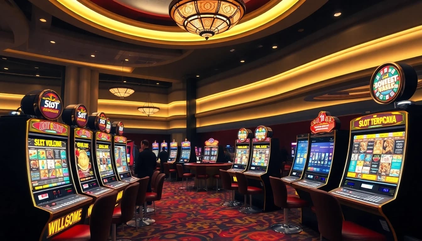 Players enjoying Slot Terpercaya at vibrant, luxury casino machines and tables.