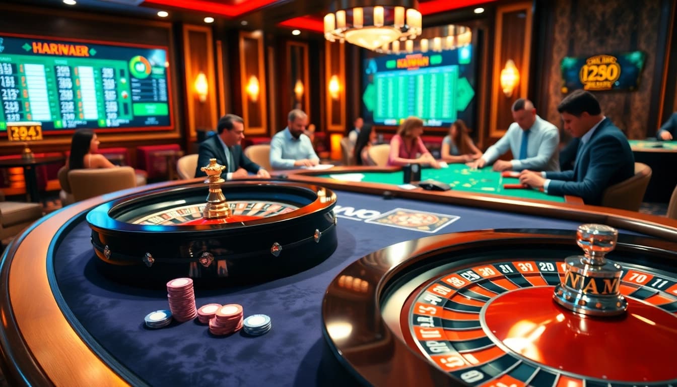 Kuwin players enjoying a thrilling casino experience at a vibrant gaming table with poker chips and a roulette wheel.