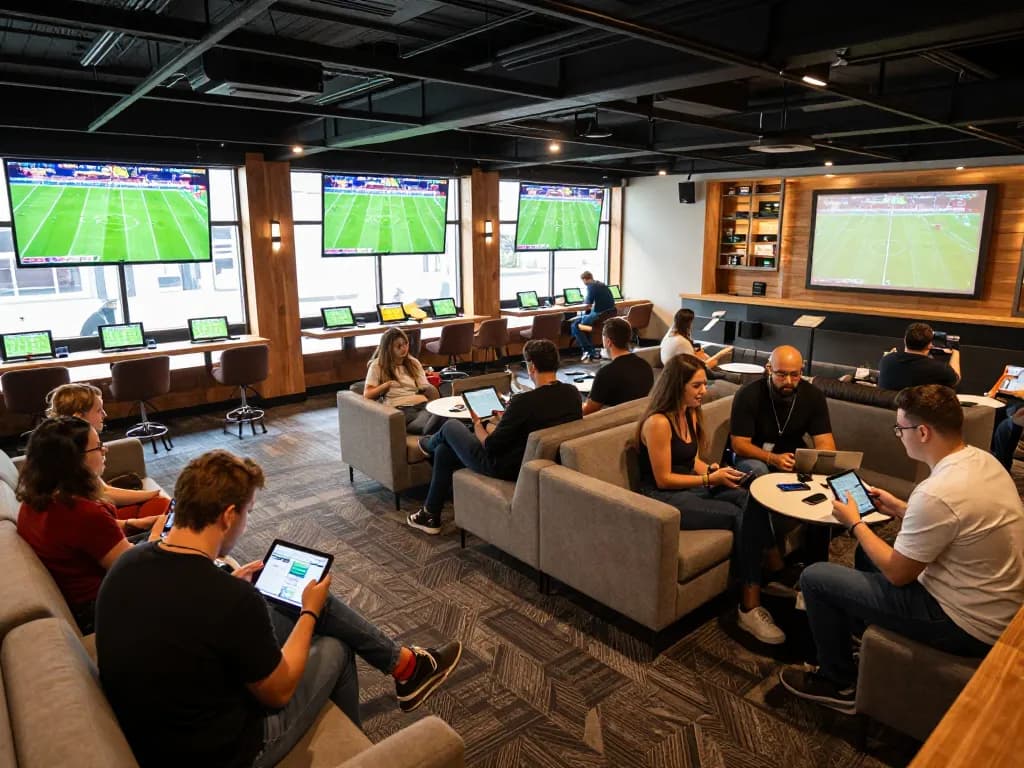 Bongdalu users placing sports bets in an upscale betting lounge with multiple screens