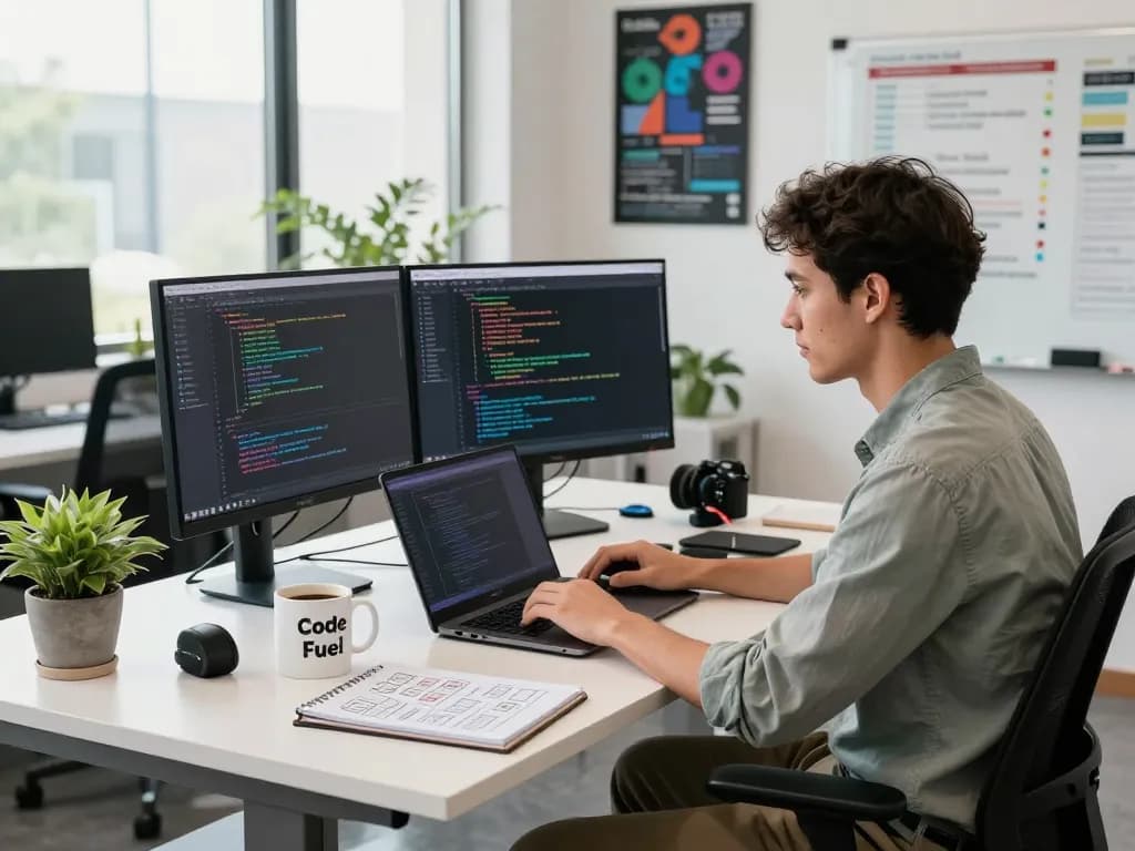 Developer coding in a modern tech workspace featuring open claw AI interfaces on dual monitors.