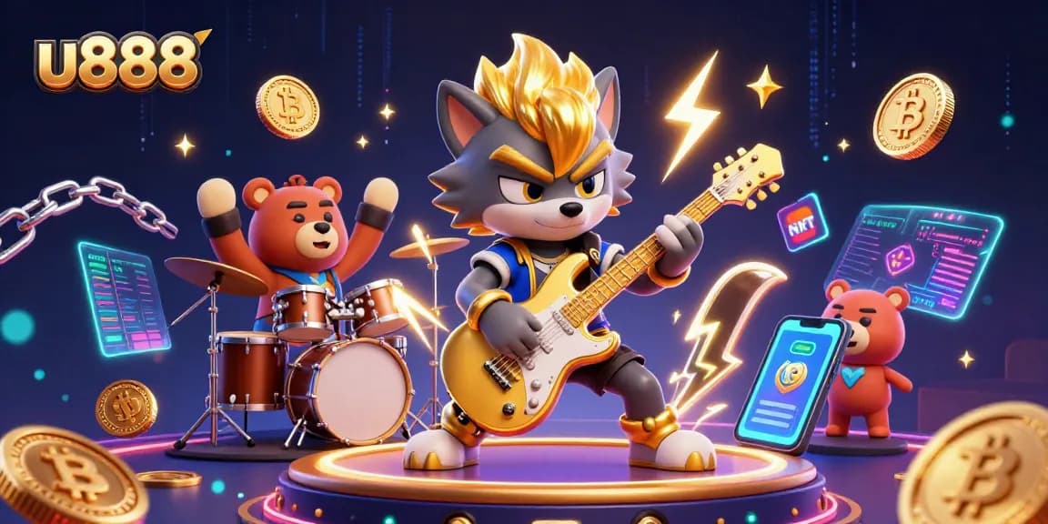 Engage with u888's electrifying gaming experience featuring a rock star wolf immersing in casino action.