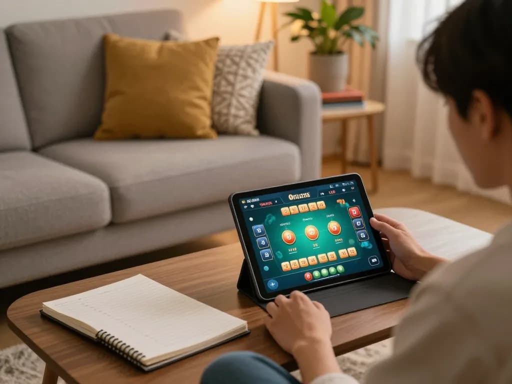 Engaging in tài xỉu online gaming in a cozy home setting with strategic notes nearby.