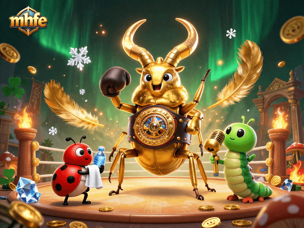 Bet on thrilling gaming action at mhfe: a vibrant 3D scene with a golden beetle champion