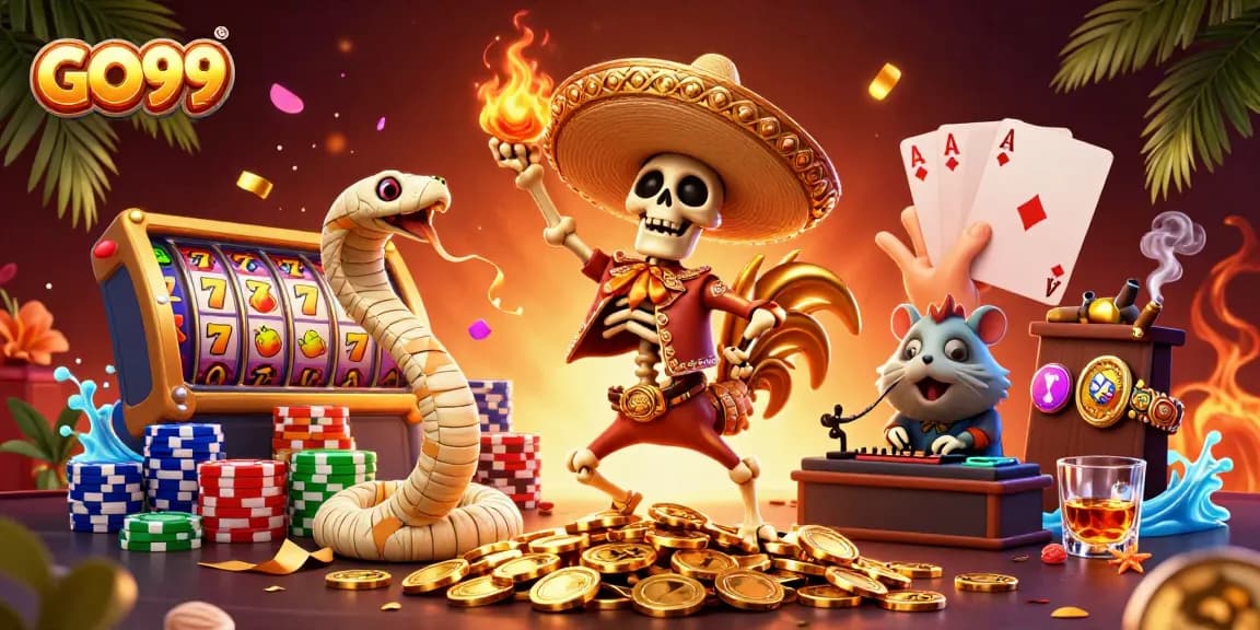 Experience the excitement of GO99 with vibrant characters and thrilling slot elements in this dynamic casino scene.