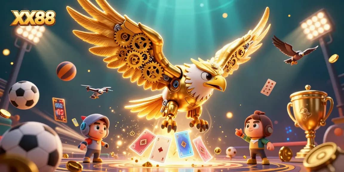 Experience the thrill at XX88 with a dynamic 3D scene featuring an eagle soaring through casino elements.