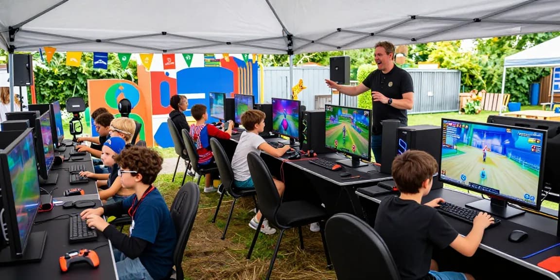 Gaming party London with kids enjoying competitive gameplay, vibrant setups, and energetic hosts.