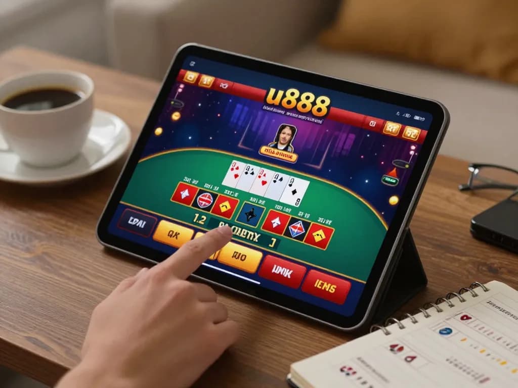 Engaged player placing bets on a lively u888 blackjack game interface displayed on a tablet.