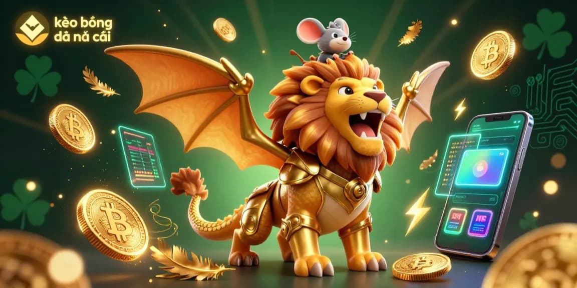 Bet on kèo bóng đá nhà cái with a dynamic 3D chimera and crypto elements in vibrant gold.