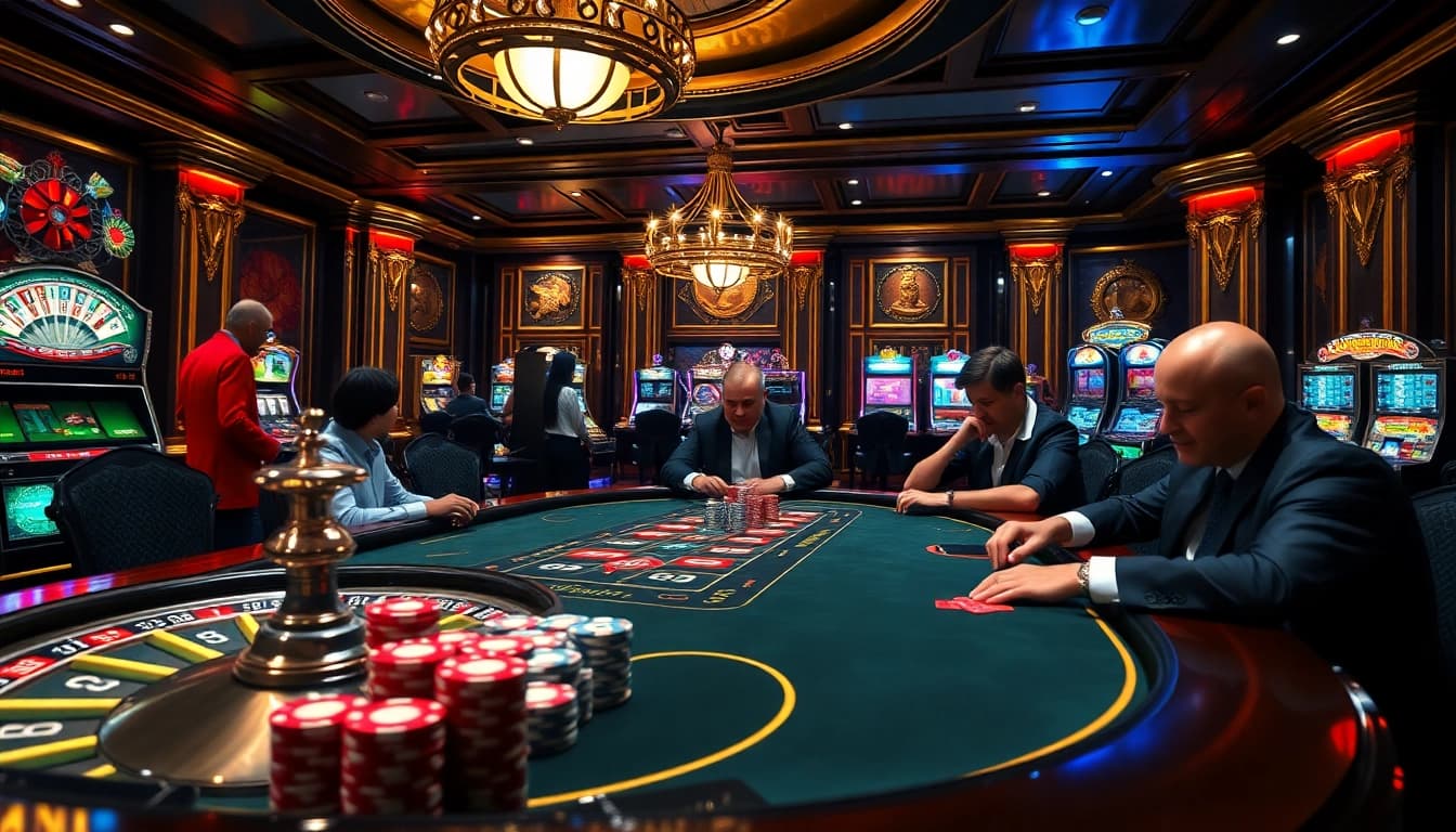 No hu themed lively casino scene with gamblers at a poker table enjoying the excitement of high-stakes gaming.