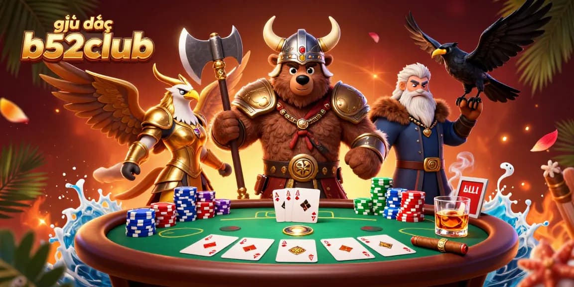 Engage in giải đấu b52club excitement with a Viking bear and Valkyrie eagle at a poker tournament