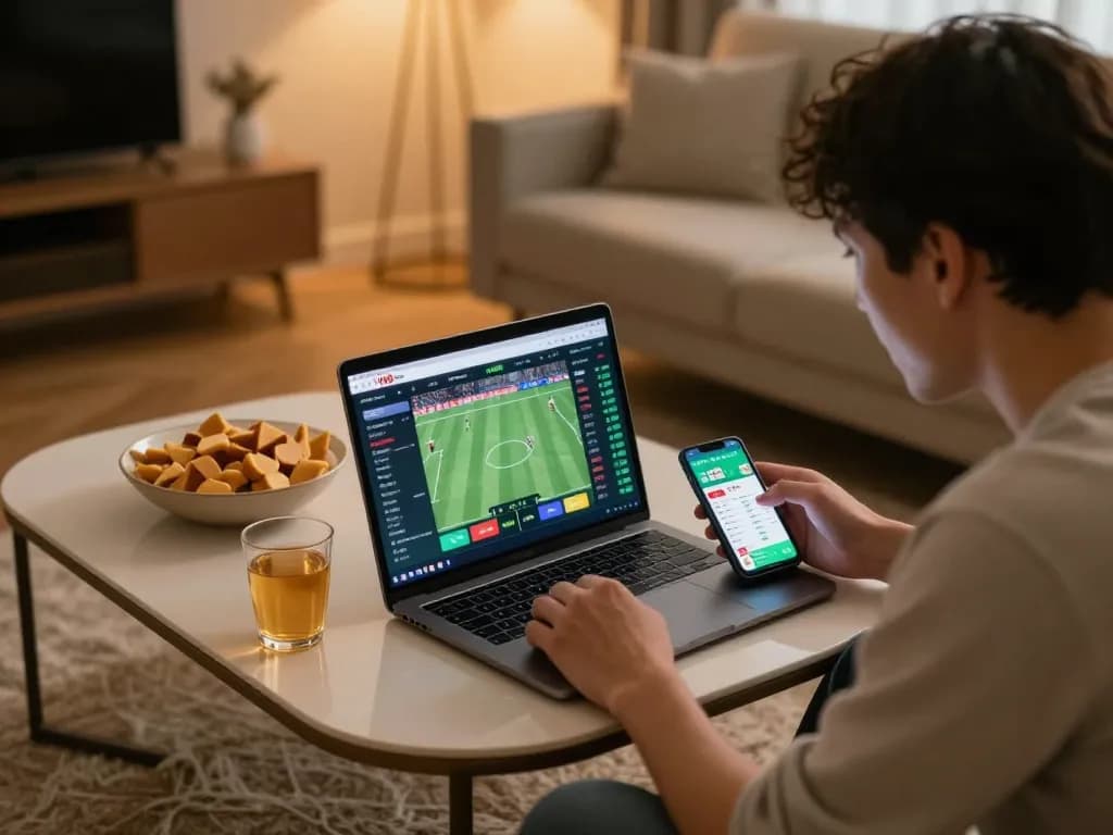 Individual analyzing odds and stats for sports betting on n188 com with a smartphone and laptop