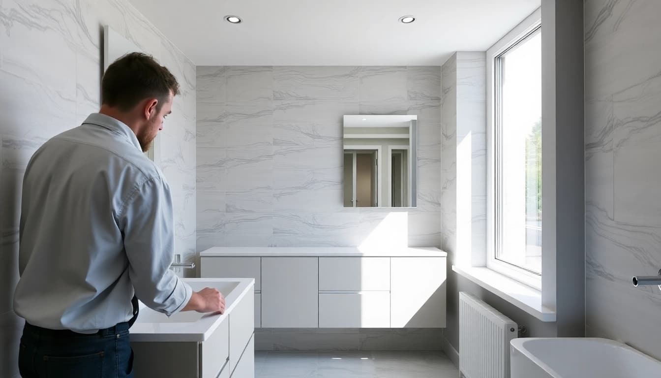 Manchester bathroom fitters installing modern tiles and fixtures in a stylish bathroom.