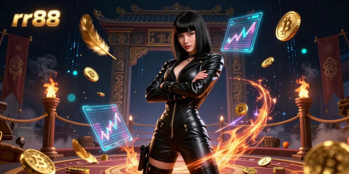 Experience the thrill of gaming at rr88 with a striking Asian dealer and exciting casino elements.