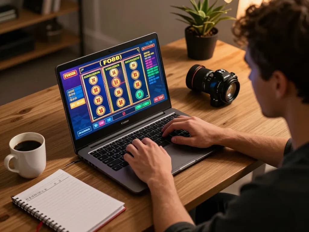 FO88 player enjoying an exciting online casino experience at home, focusing on strategy.