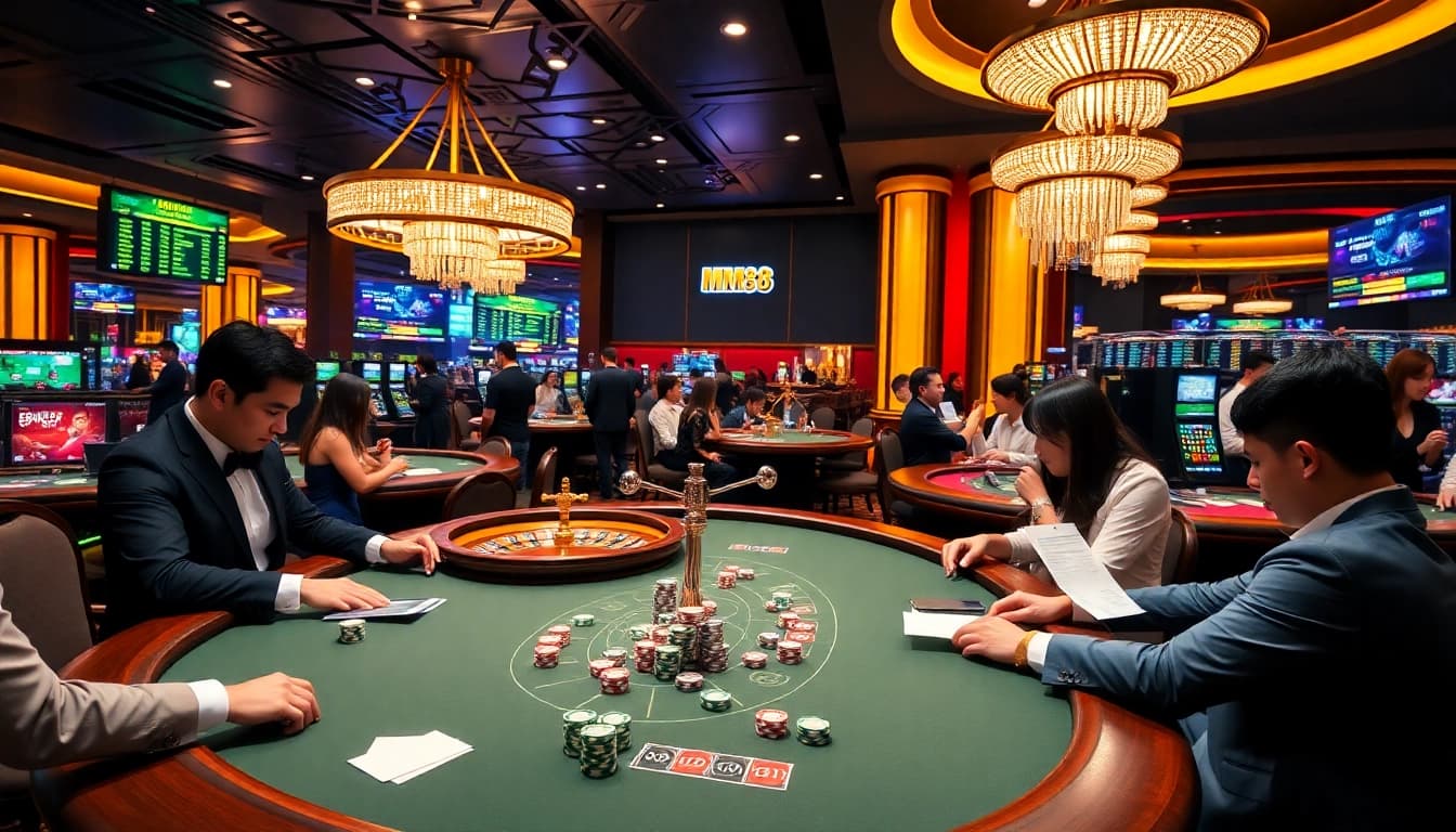 Feel the excitement at MM88 with players enjoying thrilling casino games and vibrant neon lights.