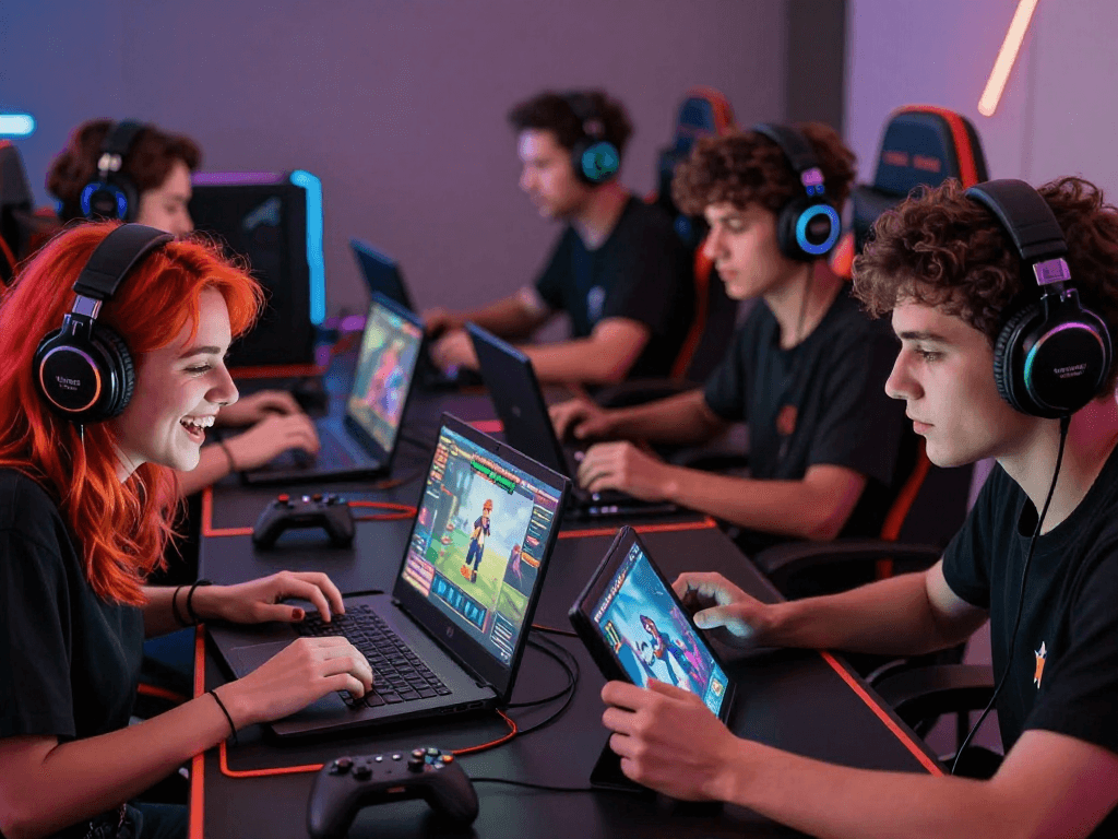 Gamers enjoying porn games on various devices, showcasing engagement and fun.