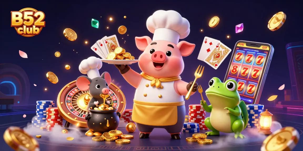 B52 club promotes excitement with dynamic casino scene featuring golden coins and lively characters.