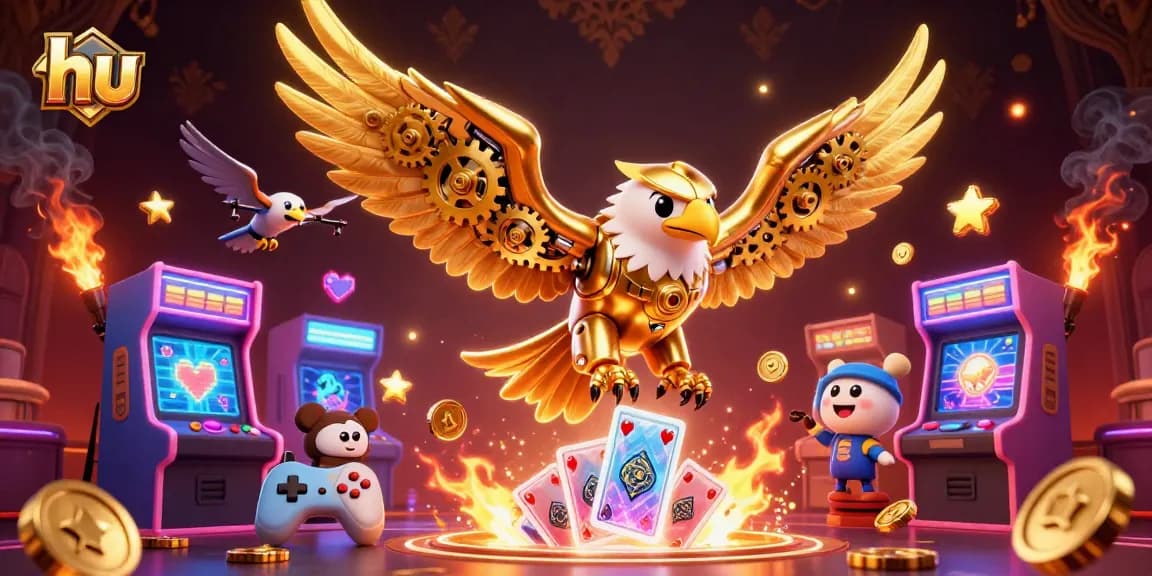 Chim đại bàng vàng cybernetic bay lượn qua các lá bài holographic tại hu