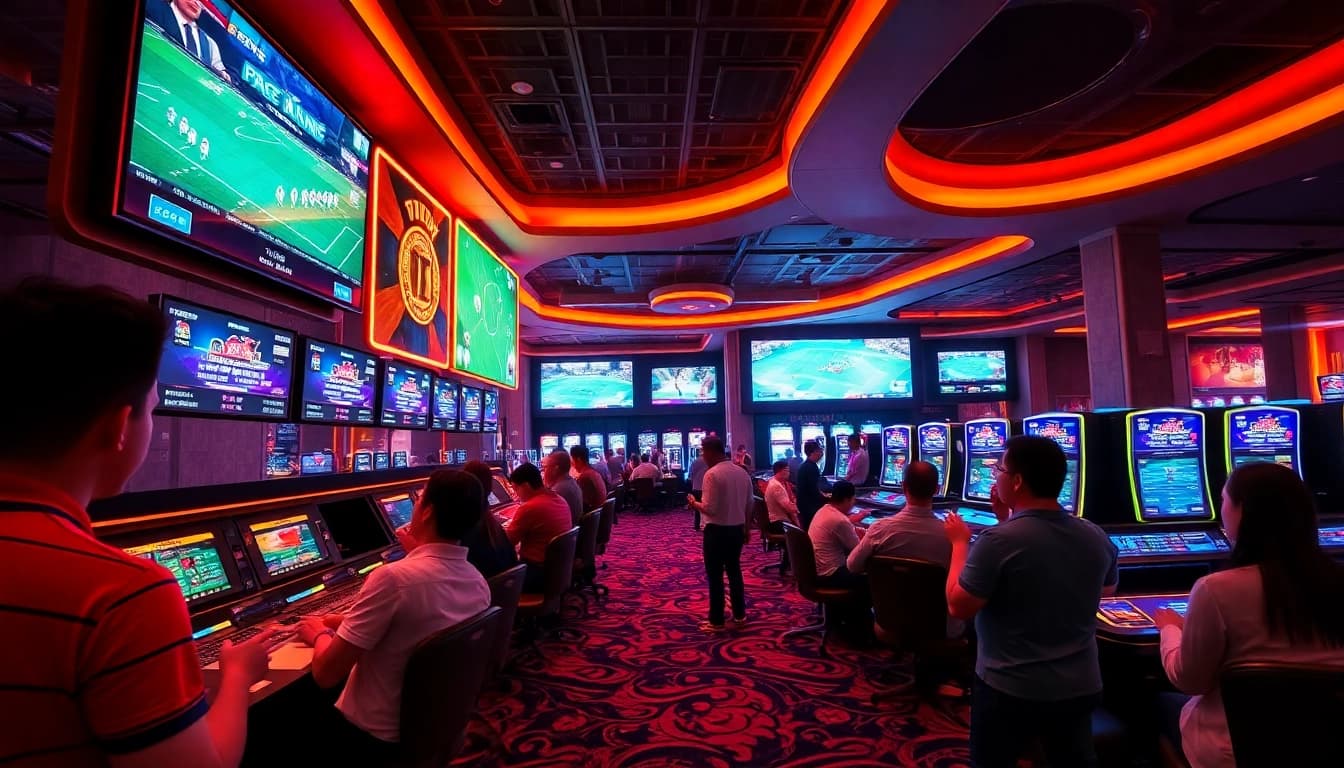 Thể Thao FB88 betting area in a lively casino with bettors and sports screens.