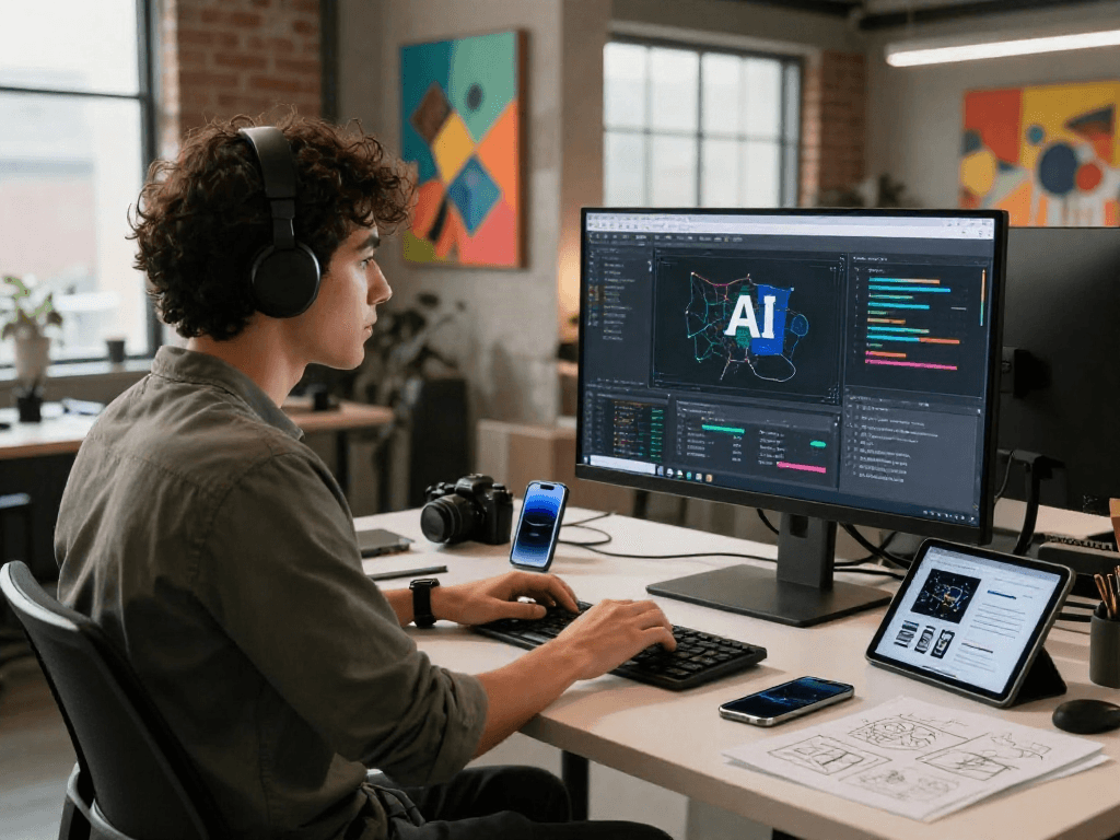 Creative professional analyzing AI NSFW content in modern workspace.