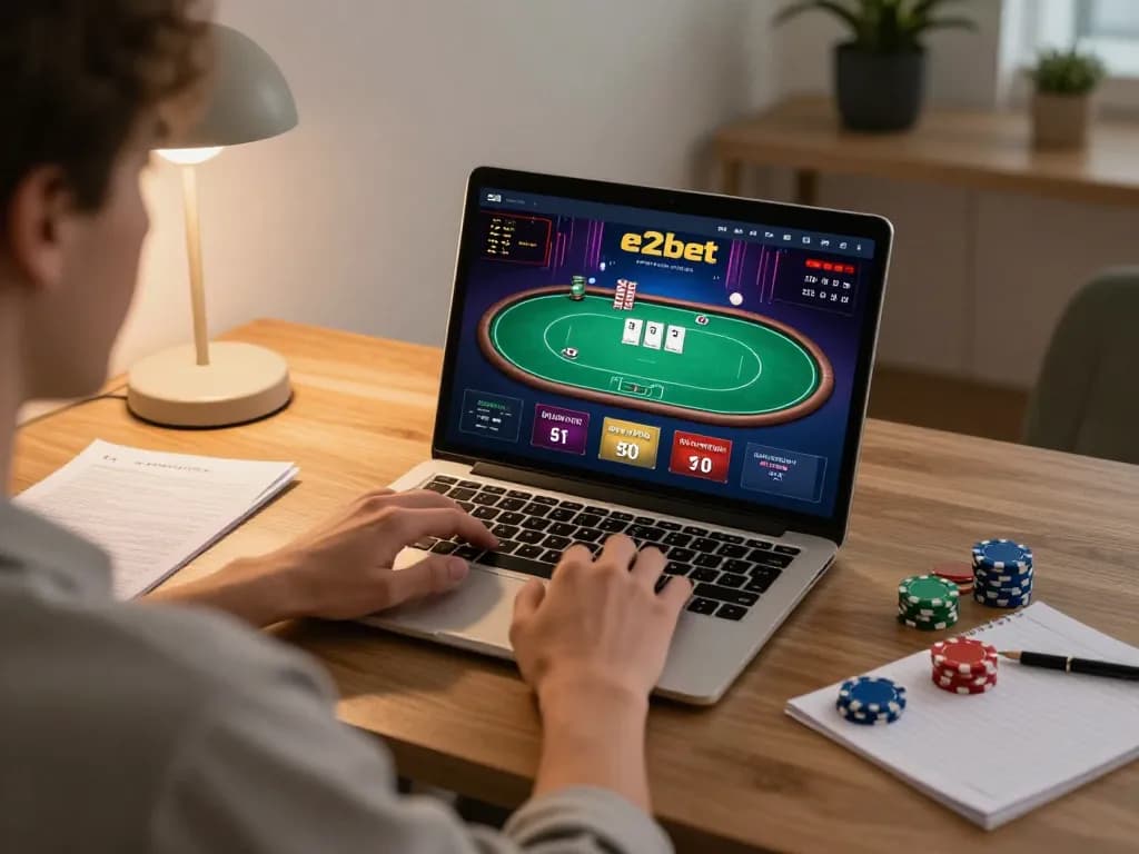 Player engaging with e2bet online poker game on laptop, immersed in strategic gameplay at home.