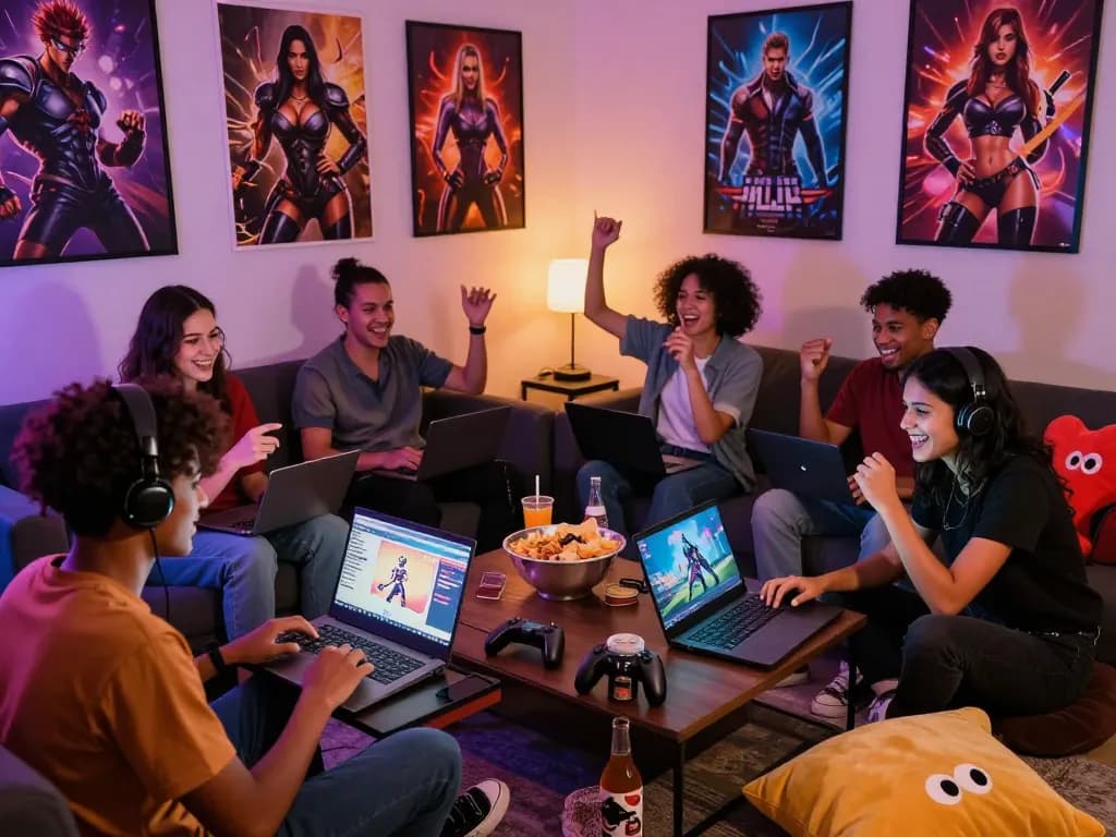 Friends enjoying porn games online in a lively gaming room setting with colorful decor.
