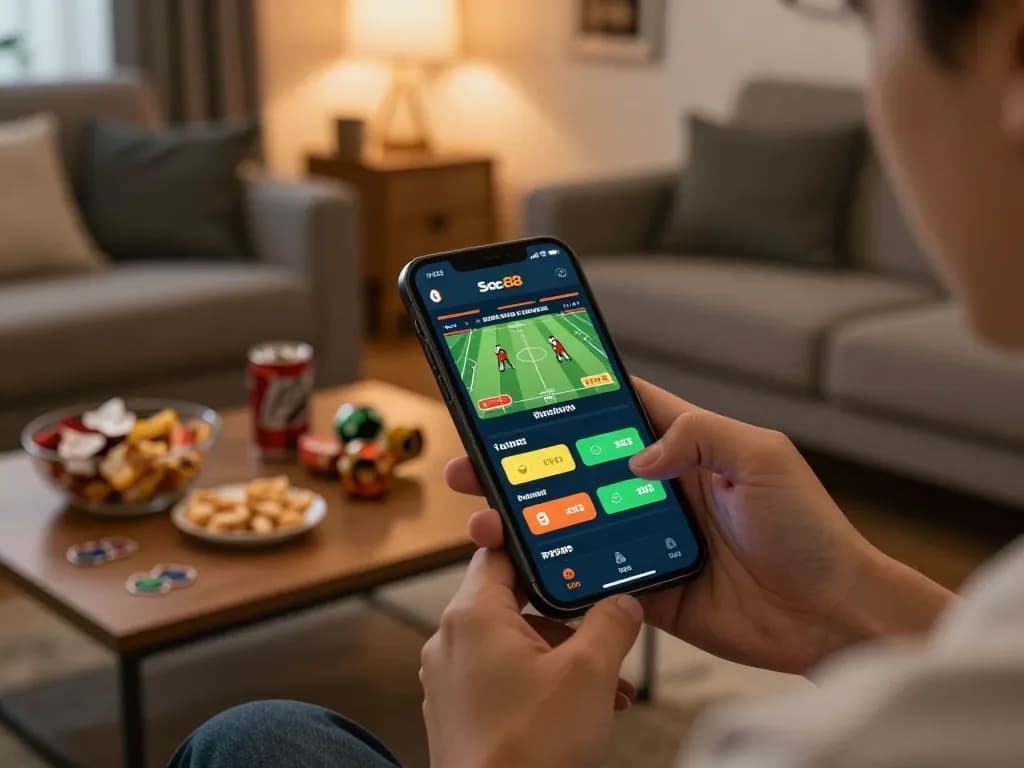Experience thrilling sports betting with Soc88 app in a cozy home environment.
