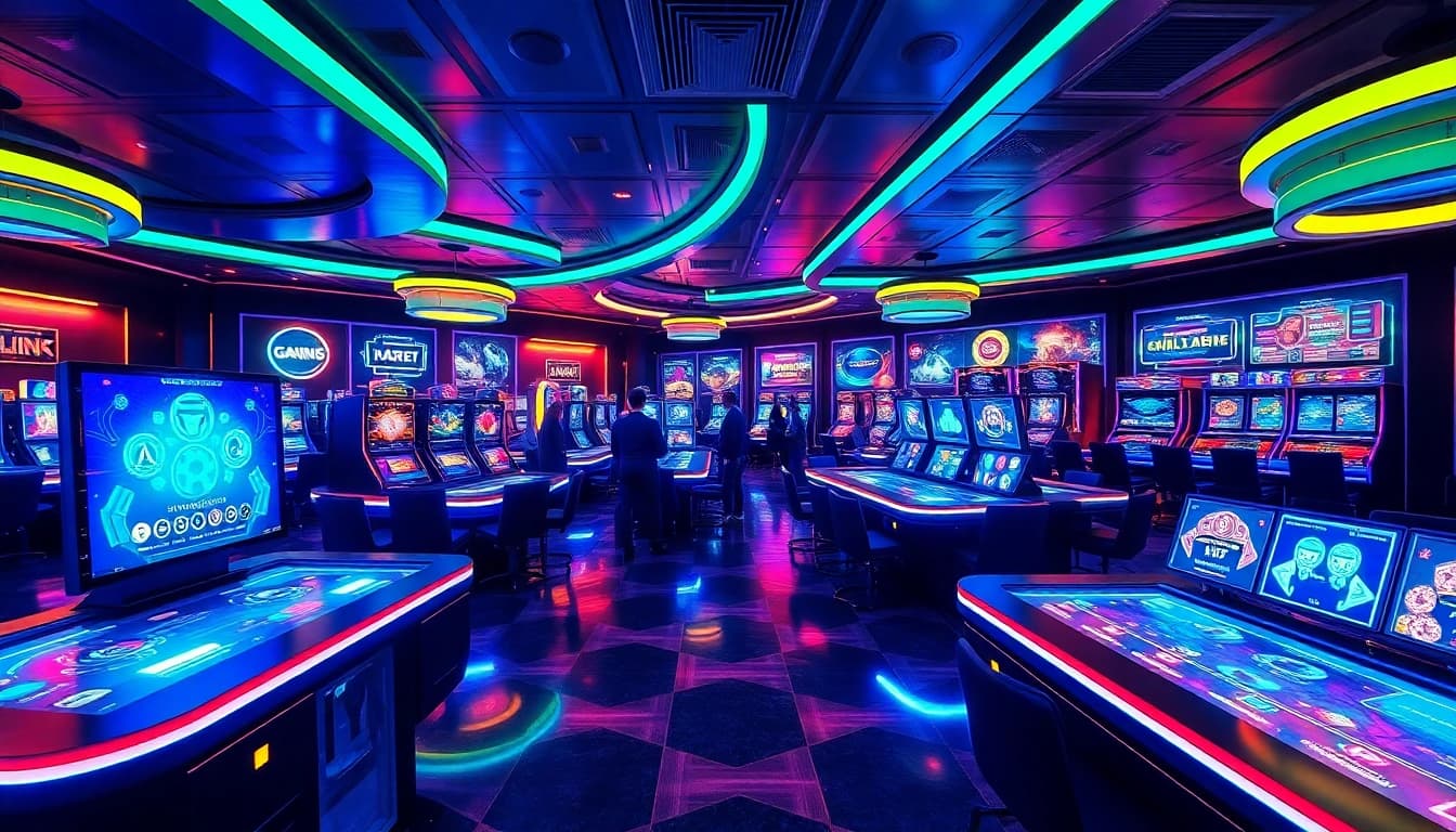 Experience new technology in a futuristic casino filled with innovative gaming displays and AI-driven experiences.