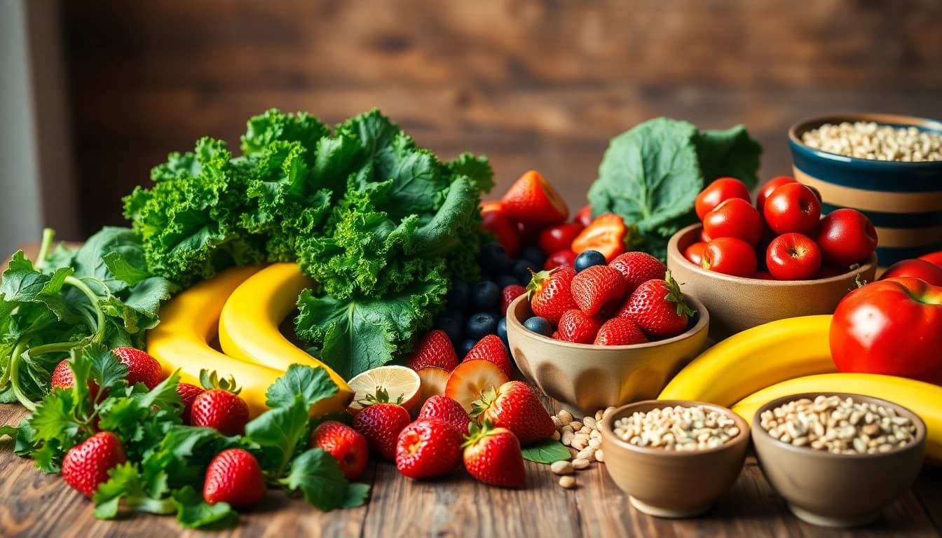 Discover a vibrant healthy food spread featuring fresh fruits and greens.