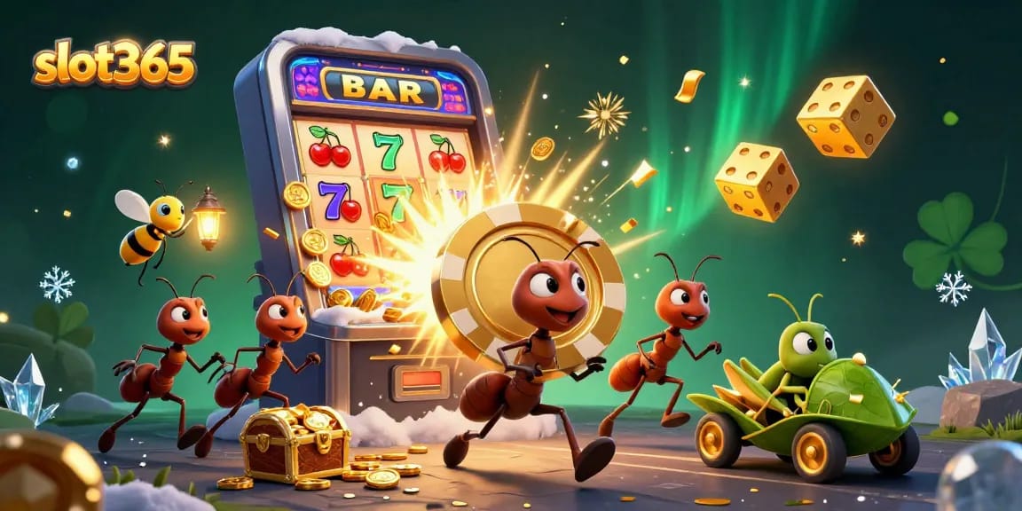 Slot365 ants heist scene featuring a giant poker chip and vibrant casino elements.
