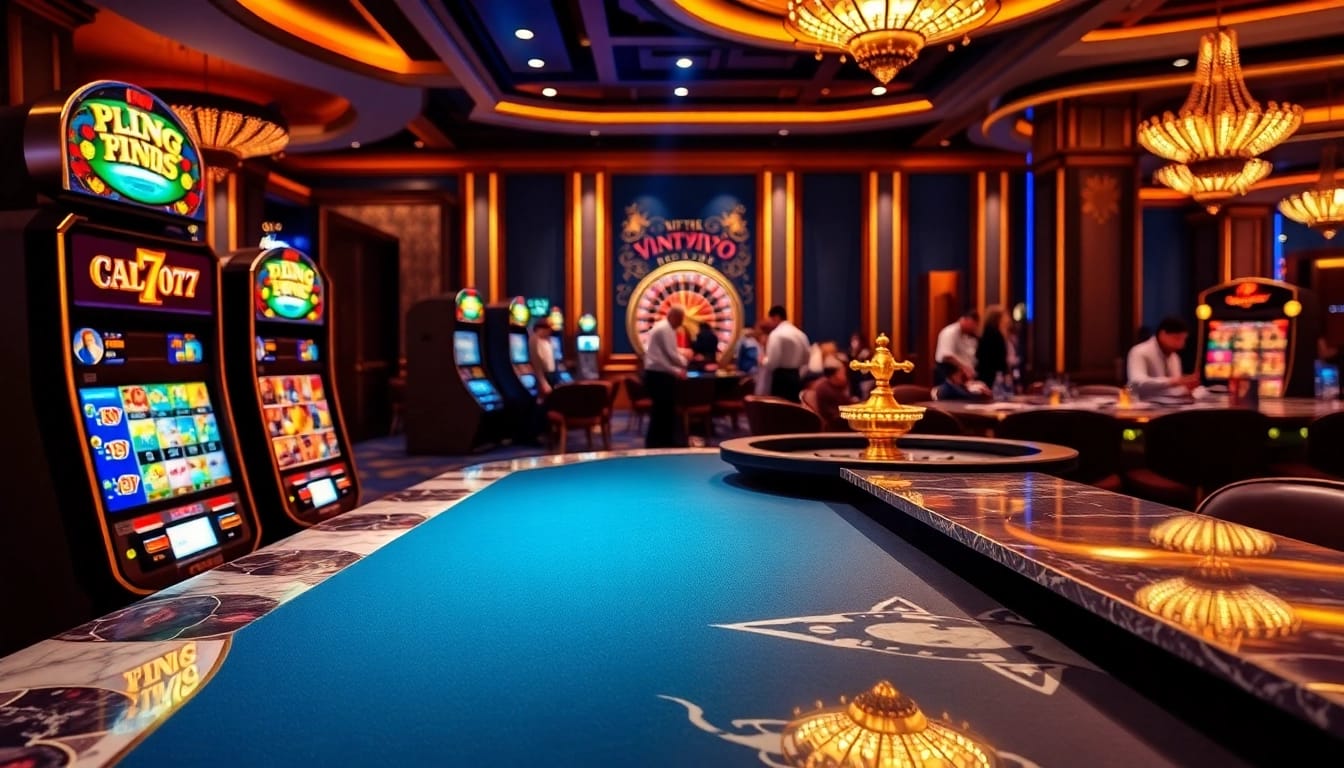 Experience excitement at a luxurious casino with vin777 slot machines and poker table.