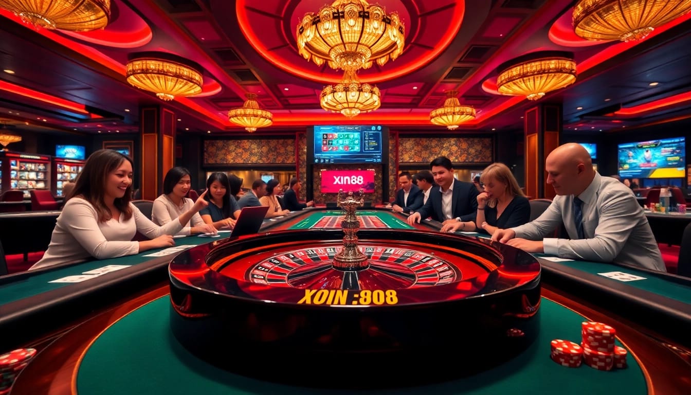 Join the excitement at xin88 game bài poker tables in a luxurious casino setting.
